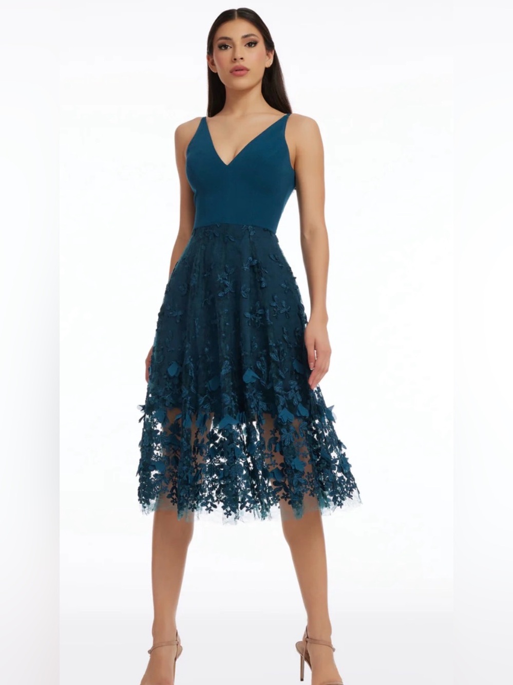 Dress The Population Darleen Floral Midi Dress Peacock Blue $278